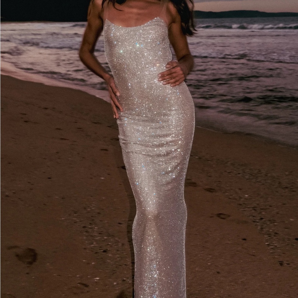 MESHKI Jasmyn Hot Fix Maxi Dress With Mesh Back - Nude NWT